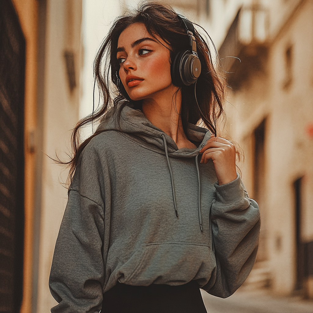 Illustration d'une femme brune aux cheveux longs dans une rue, peut être Neska graphiste en Moselle. Elle écoute de la musique avec un regard pensif.