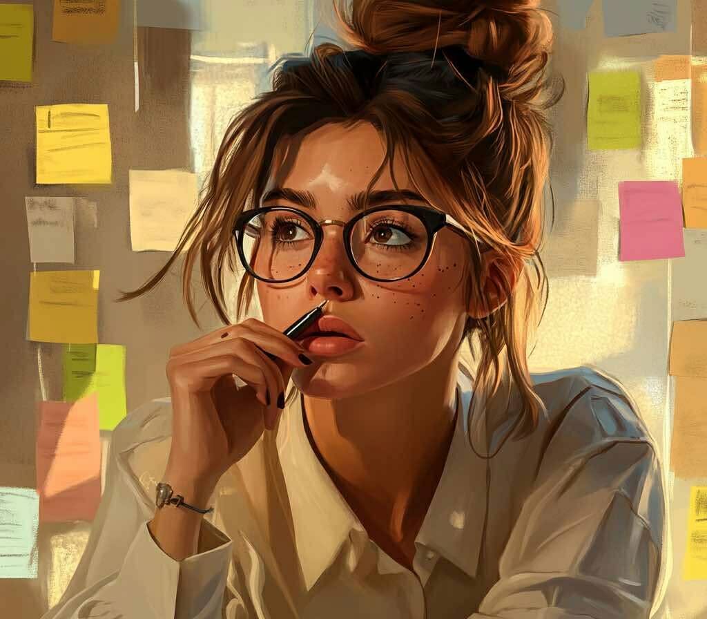 Illustrations d'une femme, concentré et réfléchissant à une questions concernant la FAQ Graphiste en Moselle